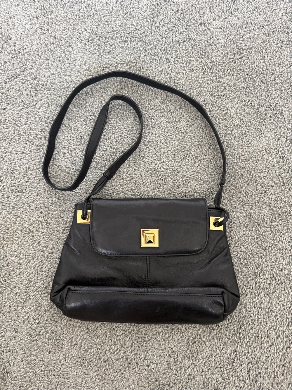 Tignanello Black Leather Shoulder Bag with Gold Hardware